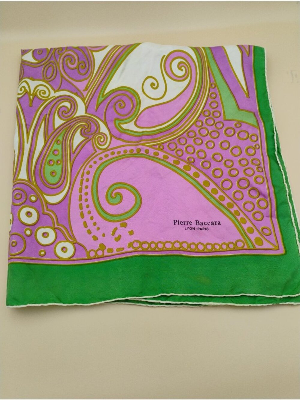 Pierre Baccara Vintage Silk Scarf 29.5" X 30.5" Pink Green Abstract Paisley Desi